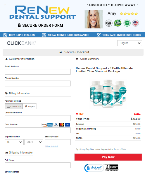 ReNew Dental Support Order Page